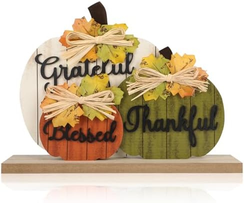 3 Pcs Fall Pumpkin Decor Wooden Table Sign Thankful Blessed Grateful Tabletop for Autumn Farmhouse Vintage Thanksgiving Harvest Party Rustic Home Room Table Shelf Halloween Decorations by Sophena