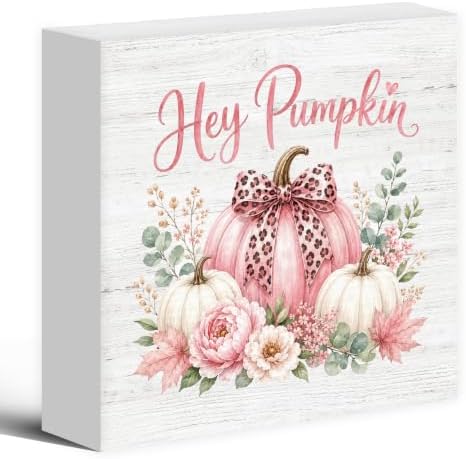 Fall Pink Leopard Bow Hey Pumpkin Wood Box Sign Desk Decor 5X5 by Luipk