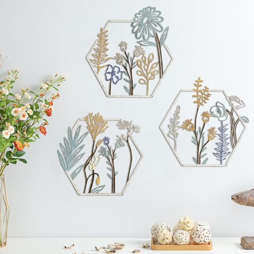 Peryiter 3Pcs Metal Flower Wall Decor Minimalist Floral Hanging, Beige Gold - Image 3
