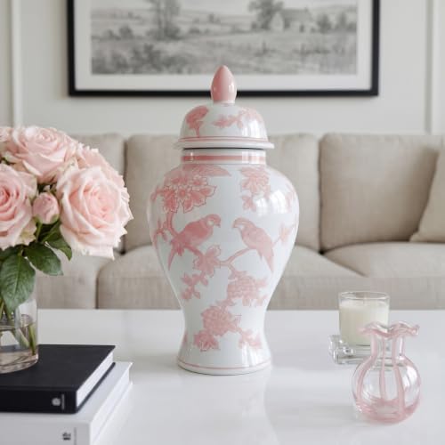 14″ Pink Ginger Jar with Lid Porcelain Stylized Songbirds Floral Temple Jar - Image 5