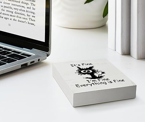 EIONEY Funny Office Desk Decor Sign,Funny Coworker Gift for Women Men,Cute Black Cat Decor for Home Office Table Shelf Wall,It's Fine I'm Fine Everything is Fine Wood Box Sign 5x5 Inch - Image 3