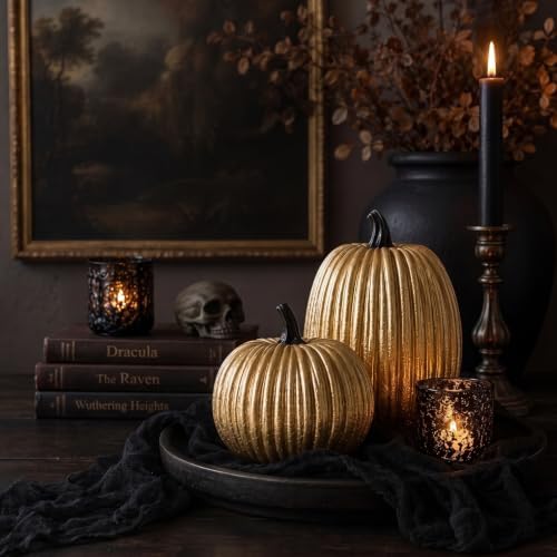 Gold Halloween Pumpkin Decor, Small Resin Pumpkins Set of 2 - Image 2
