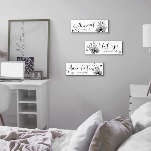 3 Pcs Black And White Bathroom Decor Rustic Flower Black Wall Art Accept Let Go Have Faith Farmhouse Bedroom Wall Decor Wooden Inspirational Quotes Grey Decoration for Living Room(Black,16 x 5 Inches) - Image 6