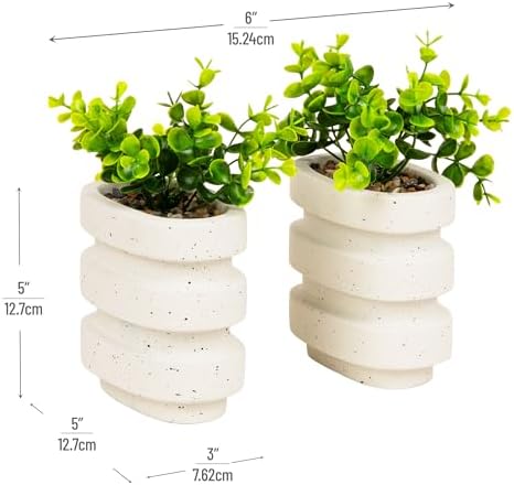 Mind Reader Ribbed Cement Planter Bookends, Faux Greenery for Shelves and Desk Decor, Set of 2, White - Image 3