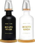 Mouthwash Dispenser for Bathroom 11.8oz – Glass Mouthwash Bottle with Cup & Bamboo Tray, Gold Hot-Stamped Lettering, Silicone Base, Modern Bathroom Accessory (Black & White, 11.8oz, 2pack) by Ledanba