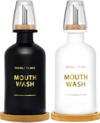 Mouthwash Dispenser for Bathroom 11.8oz – Glass Mouthwash Bottle with Cup & Bamboo Tray, Gold Hot-Stamped Lettering, Silicone Base, Modern Bathroom Accessory (Black & White, 11.8oz, 2pack) by Ledanba