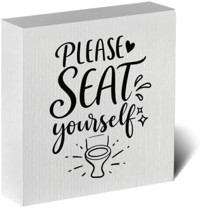 Funny Rustic Bathroom Decor Wooden Box Sign 5x5 Inch - "PLEASE SEAT yourself" Humorous Restroom Shelf Table Decor, Farmhouse Style Wall Countertop Ornament for Home Guest Bathroom Housewarming Gift by ENGVZ