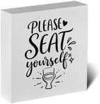 Funny Rustic Bathroom Decor Wooden Box Sign 5x5 Inch - "PLEASE SEAT yourself" Humorous Restroom Shelf Table Decor, Farmhouse Style Wall Countertop Ornament for Home Guest Bathroom Housewarming Gift by ENGVZ
