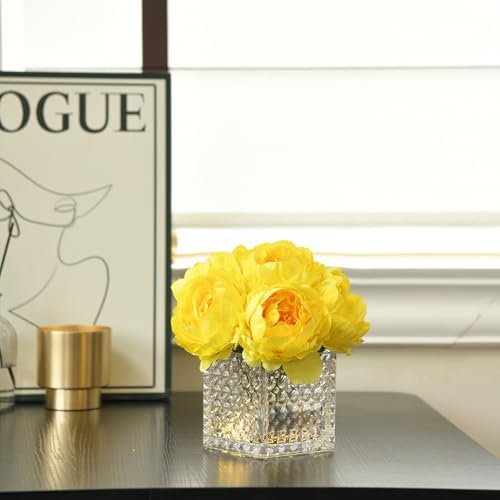Artificial Peony Silk Flower Centerpieces with LED Light Faux Floral Arrangement in Glass Vase for Home Wedding Table Decoration (Yellow) - Image 4