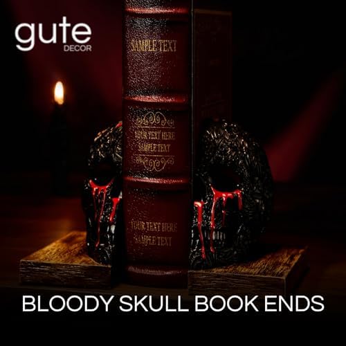 Skull Book Ends Gothic, Lifesize Human, Heavy-Duty Bookends, Skeleton Decorations, Bookends for Shelves, Heavy Books, Black Skull Design Bookend 7x5.1x6.3, Spooky Decor, Holiday - Bloody Black & Red - Image 2