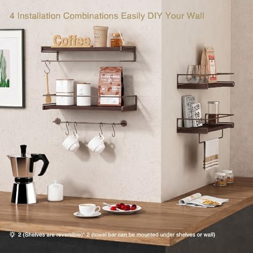 Forbena Dark Brown Kitchen Shelves Wall Mounted Set of 2, Walnut Brown Floating Kitchen Wall Shelves with Rail, Hanging Shelves for Kitchen Wall Coffee Bar (Wooden Pine Wood) - Image 4