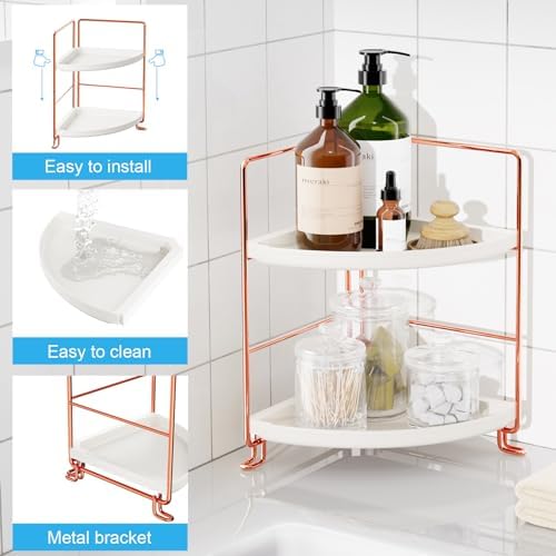 FSyueyun 2-Tier Corner Bathroom Counter Organizer, Vanity Tray, Rose Gold - Image 4
