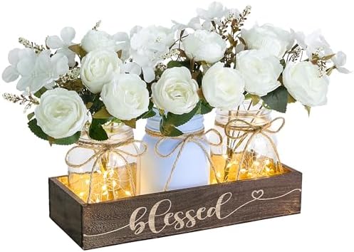 3 Pcs Mason Jar Table Centerpieces for Dining Room with Wood Tray&Led Light by FancyPlus