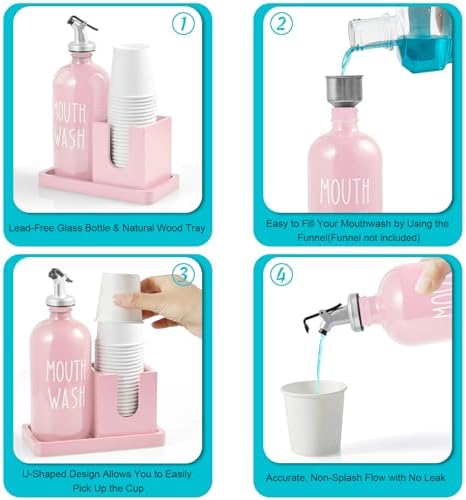 Glass Mouthwash Dispenser for Bathroom, 16 OZ Mouthwash Dispenser with Pour Spout and Wood Cup Holder and Tray, Mouth Wash Bottle Container, Farmhouse Kitchen Bathroom Decor and Accessories, Pink - Image 5