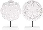 AXEARTE 2 Pack Wooden Carved Cutout Flower Medallion Sculpture, Rustic Distressed White MDF Statues Home Tabletop Decor, Decorative Ornaments for Living Room, Bedroom, Office Desktop, Cabinets by AXEARTE