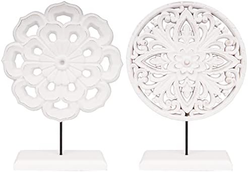 AXEARTE 2 Pack Wooden Carved Cutout Flower Medallion Sculpture, Rustic Distressed White MDF Statues Home Tabletop Decor, Decorative Ornaments for Living Room, Bedroom, Office Desktop, Cabinets by AXEARTE