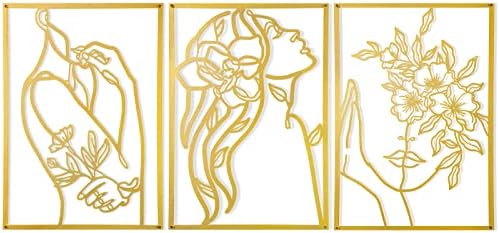 AGIOTA 3 Pcs Gold Metal Wall Decor, Minimalist Floral Women Line Drawing Wall Art, Elegant Abstract Lady Silhouette Metal Wall Hanging for Home Bedroom Living Room by ServingCustomersBornforQuality