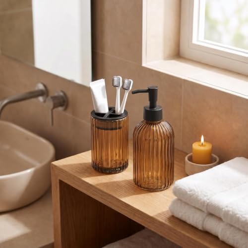 2 Pcs Amber Brown Bathroom Accessories Set, Glass Bathroom Set, Soap Dispenser, Toothbrush Holder Set, Crystal Modern Bathroom Decor, Housewarming Gift Set - Image 5
