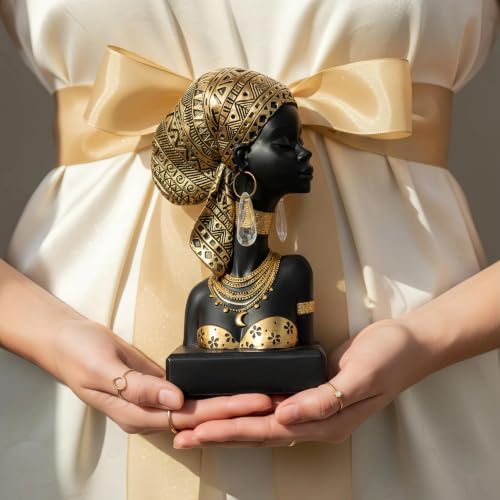 Lescafita African Lady Bust Sculpture with Golden Headwrap – Resin Figurine with Earrings and Necklace, Modern African Woman Statue for Home Decor and Cultural Gift - Image 7