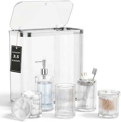 Clear Bathroom Accessories Set, 3.5 Gal Trash Can with Lid, Glass Bathroom Set Include Soap Dispenser, Toothbrush Holder, Tumbler, Qtip Holders, Cute Bathroom Sink Set, Vintage Bathroom Decor by BSSN