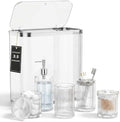 Clear Bathroom Accessories Set, 3.5 Gal Trash Can with Lid, Glass Bathroom Set Include Soap Dispenser, Toothbrush Holder, Tumbler, Qtip Holders, Cute Bathroom Sink Set, Vintage Bathroom Decor by BSSN
