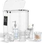 Clear Bathroom Accessories Set, 3.5 Gal Trash Can with Lid, Glass Bathroom Set Include Soap Dispenser, Toothbrush Holder, Tumbler, Qtip Holders, Cute Bathroom Sink Set, Vintage Bathroom Decor by BSSN