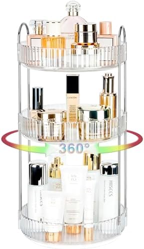 360 Rotating Makeup Organizer, 3 Tier Large Capacity Lazy Susan Bathroom Counter Organizer, Skincare Organizers, Spinning Perfume Organizer & Vanity Organizer Countertop (Silver Clear, 3 Tier) by Niluks