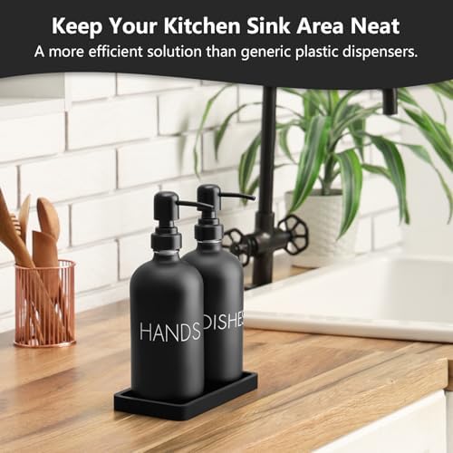 Black Dish and Hand Soap Dispenser Set - Glass Kitchen Soap Dispenser with Tray and Stainless Steel Pump - for Black Kitchen Decor and Accessories - Image 4
