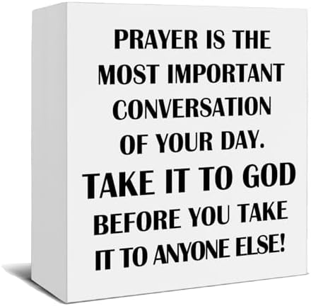 Christian Prayer Wooden Box Sign, Christian Desk Decor, Prayer Is the Most Important Conversation Religious Wood Signs for Church Home Office Desk Table Shelf Decor, 5x5 Inch by HSIASHENG