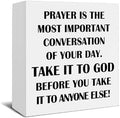 Christian Prayer Wooden Box Sign, Christian Desk Decor, Prayer Is the Most Important Conversation Religious Wood Signs for Church Home Office Desk Table Shelf Decor, 5x5 Inch by HSIASHENG