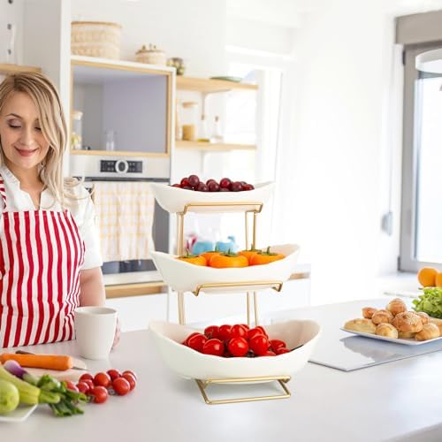 jessie 3 Tier Ceramic Fruit Bowls for Kitchen Counter with Metal Rack, Fruit Basket with Stand, Porcelain Bowls for Fruit Vegetable Bread Candy Snack Nuts Dessert Cake Tray (White 3 Layer) - Image 4