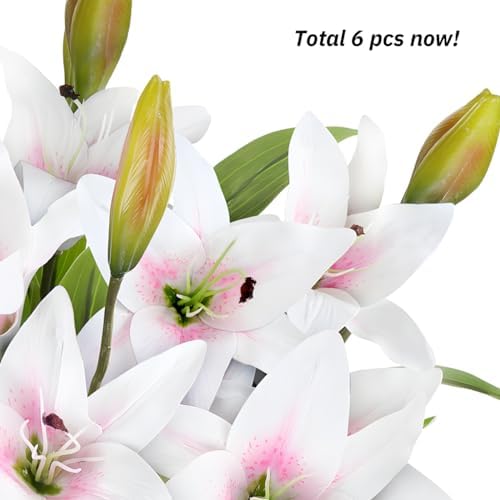 Artificial Tiger Lily Latex Real Touch Flower Home Wedding Party Decor,Pack of 5 (White with red Heart) - Image 3