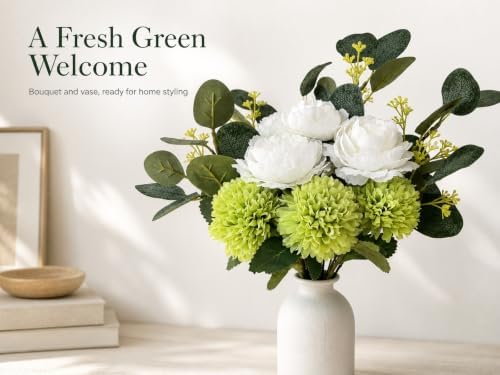 Fake Flowers Bouquet with Vase Faux Silk Flowers Mums Peony Eucalyptus - Image 2