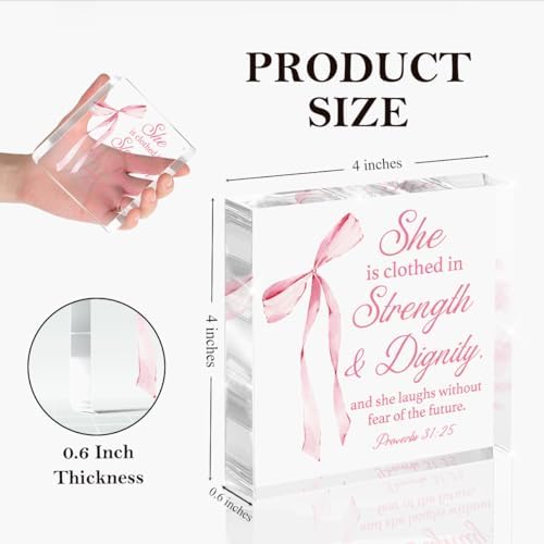 Pink Room Decor, Inspirational Bible Verse Quotes, Christian Gifts for Women, Coquette Aesthetic Bow Dorm Decoration, Office Decor for Women, Acrylic Office Desk Accessories Decoration-Proverbs 31:25 - Image 2
