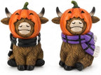 GoGnome Halloween Highland Cow Figurines Set of 2, Cute Pumpkin Head Cow Resin Statues with Scarves & Horn Details Farmhouse Fall Tabletop Decorations (Brown Highland Cow) by GoGnome