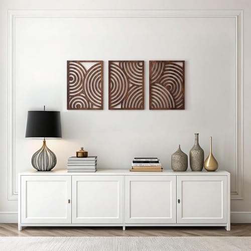 qmmp Modern Wooden Wall Sculptures - Set of 3 - Home Decor Accent - Large Wall Art for Living Room, Bedroom, Office - Easy Installation (Walnut, Large - Orbit) by qmmp