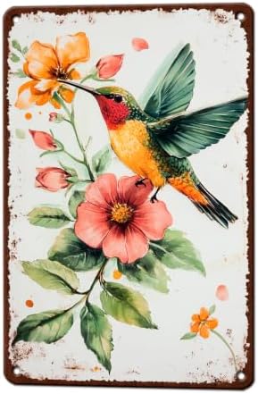 Hummingbird Wall Decor Metal Tin Sign Vintage Hummingbird Floral Wall Art Retro Metal Plaque Farmhouse Country Home Garden Decoration Print Poster Farmhouse Accent Home Decor 8x12 Inch by KIYOYOHomeIsOurHappyPlace