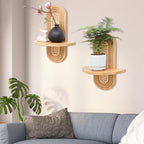 Floating Shelves for Wall, Boho Home Wall Decor,Rattan Plant Shelf Set of 2, Mid Century Small Decorative Shelf, Natural Wood Shelves for Living Room,Bedroom,House,Office (Natural) - Image 7