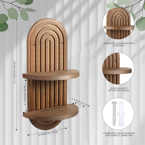 Wenqik 2 Pcs Boho Wall Shelf Rainbow Arch Wooden Floating Shelf, Brown - Image 3