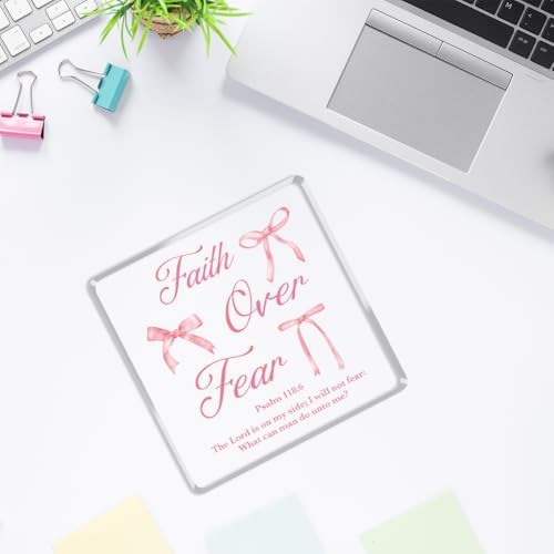 Pink Bow Room Decor, Inspirational Bible Verse Quotes, Christian Gifts for Women, Coquette Aesthetic Bow Dorm Decoration, Office Decor for Women, Acrylic Office Desk Accessories-Faith Over Fear - Image 4