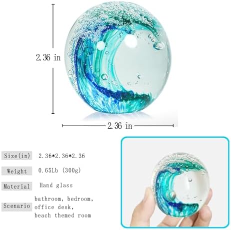 Hand Blown Ocean Wave Glass Ball ：Unique Gift for Beach Lovers，Beach Decorations for Home, Sea Glass Paperweight for Coastal Room Decor, Aquarium & Ocean Themed Decorations - Image 2