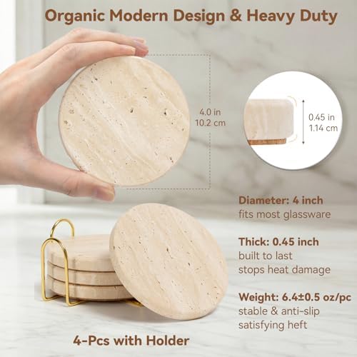 Natural Travertine Drink Coasters Set of 4 with Holder, 4" Round - Image 4