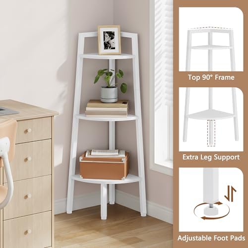 Hoctieon Corner Shelf, 3-Tier 40" Tall Corner Bookshelf, Rustic Ladder Shelf, Industrial Display Stand for Living Room, Kitchen, Home Office, Balcony, Small Space, Metal Frame, White - Image 4