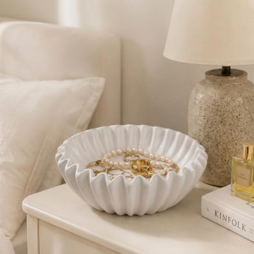 Large Ceramic Fruit Bowl Ivory Decorative Bowl for Coffee Table Entryway Kitchen Modern Home Decor Centerpiece 9.5 Inches Ruffle Fluted Scalloped Bowl - Image 6