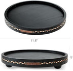 Round Wooden Decorative Tray Coffee Table Tray Home Decor 11.8" Strip Black - Image 2