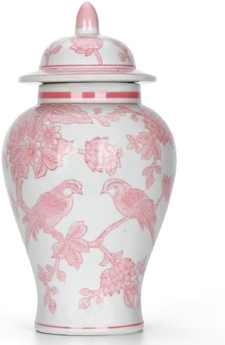 11″ Pink Ginger Jar with Lid Porcelain Stylized Songbirds Floral Temple Jar by ChangSong