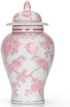 11″ Pink Ginger Jar with Lid Porcelain Stylized Songbirds Floral Temple Jar by ChangSong