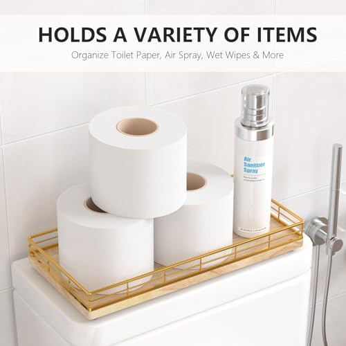 Toilet Paper Basket Organizer, Oak Wood Toilet Tank Tray with Metal Frame - Image 2