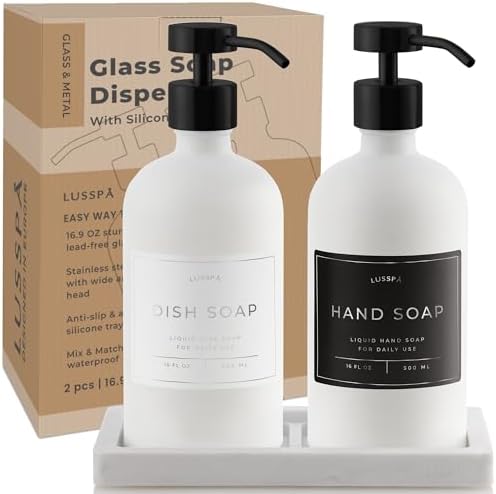 Glass Soap Dispenser Set of 2 (White) with Silicone Tray | Hand and Dish Soap Dispenser for Kitchen and Bathroom | 16.8 Oz Glass Bottles with Stainless Steel Pump & 15 Waterproof Labels (White/Black) - Image 7