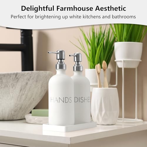 White Dish and Hand Soap Dispenser Set - Glass Kitchen Soap Dispenser with Tray and Stainless Steel Pump - for White Kitchen Decor and Accessories - Image 7